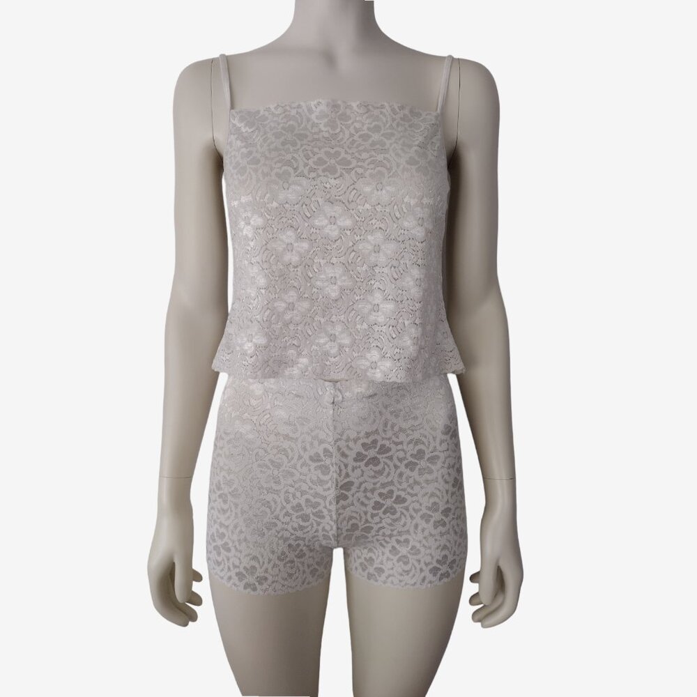 Vintage 1990s 2 Piece White Stretch Lace Semi Sheer Cami and Short Set